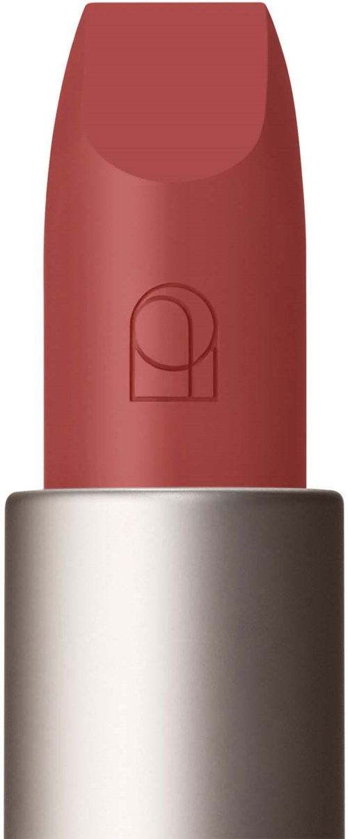 A lipstick with a pinkish color in a silver tube. The lipstick has a small logo on it.