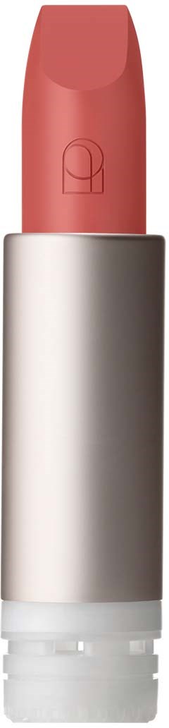 A pink lipstick in a silver tube with a simple logo on the top.