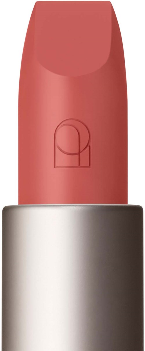 A lipstick tube with pink lipstick in a silver holder.