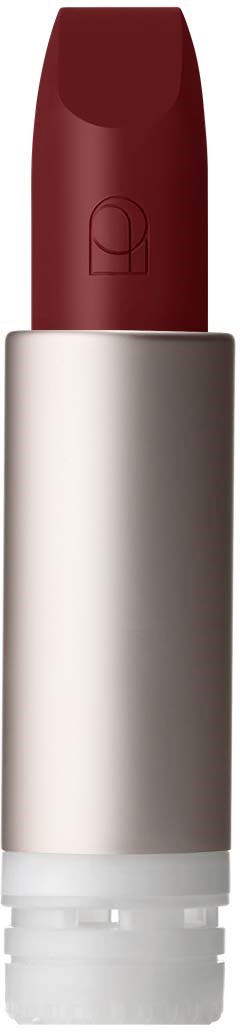 A lipstick in a silver tube with a red lipstick inside.