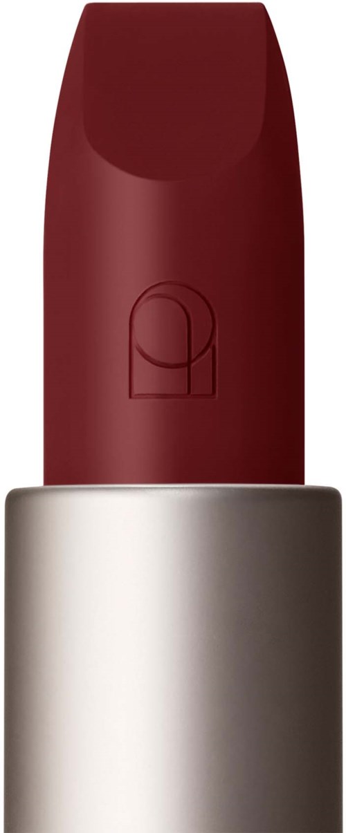 A lipstick with a red shade and a silver casing, standing upright.