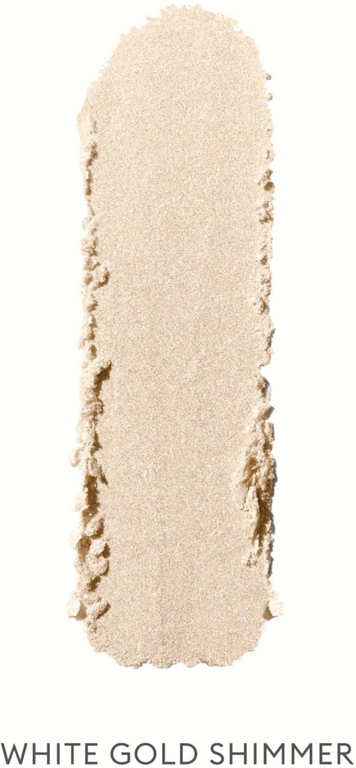 A vertical streak of beige or light sand color with rough edges, labeled "White Gold Shimmer" at the bottom.