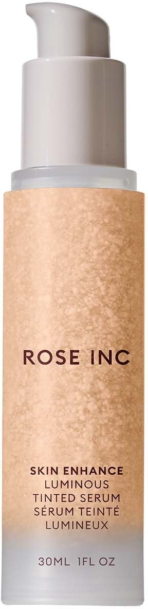 A skincare product with a pump, labeled 'Rose Inc', is a luminous tinted serum in a white bottle.