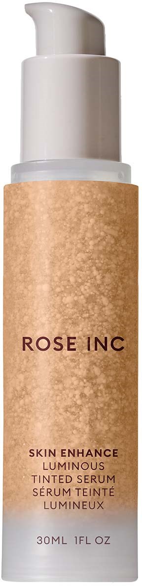 A white bottle with a beige label and a pump, labeled 'ROSE INC' for skin serum enhancement.