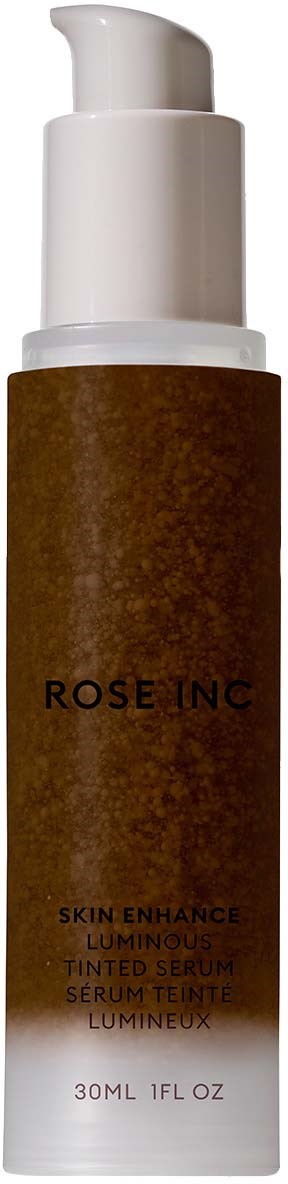 A brown and white bottle with a pump, labeled "ROSE INC" and "Skin Enhance Luminous Tinted Serum."