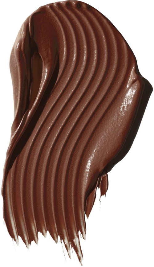 A smooth, brown chocolate spread with wavy lines, looking creamy and rich.