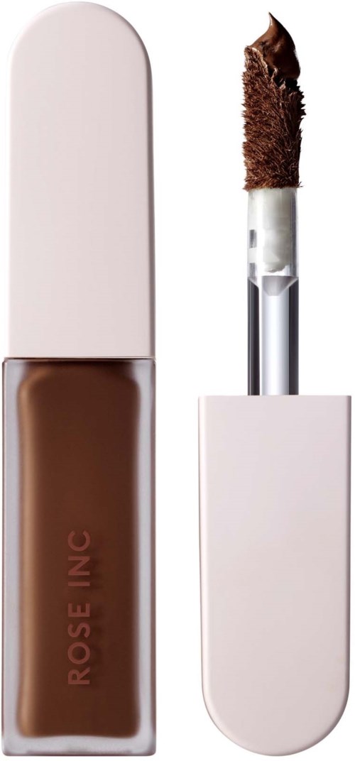 A brown liquid lipstick in a clear tube with a white cap and an applicator stick.