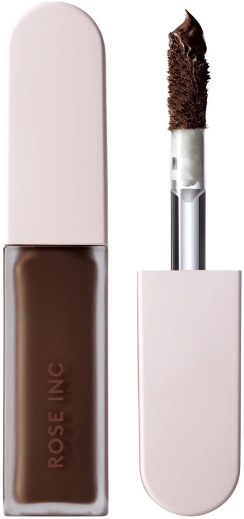 A makeup lip gloss with a brown shade, open with the applicator inside and a white cap.