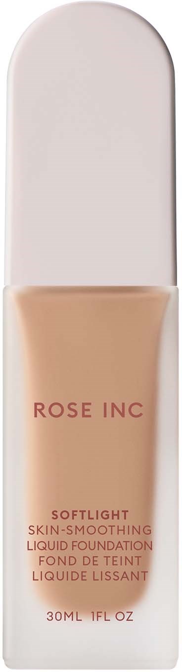 A bottle of liquid foundation with a white cap and a label that says Rose Inc Softlight, 30ml.