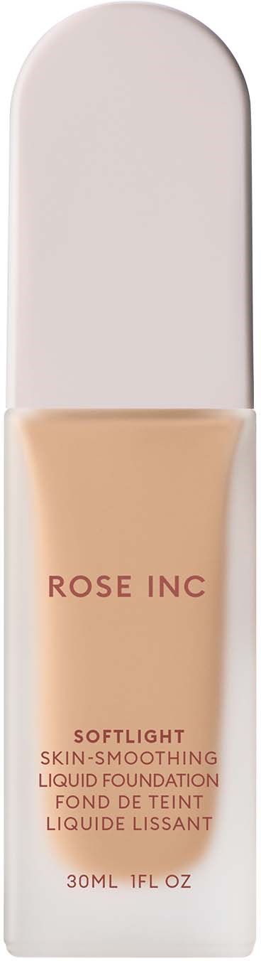 A tube of liquid foundation labeled 'Rose Inc. Softlight', with a white cap, in a minimalist design.