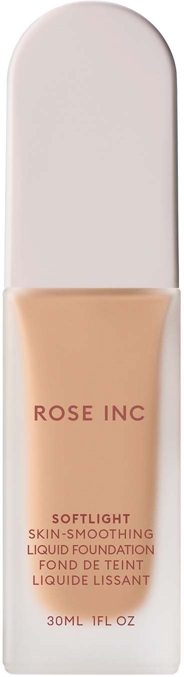 A tall bottle of liquid foundation labeled 'ROSE INC SOFTLIGHT SKIN-SMOOTHING LIQUID FOUNDATION'.