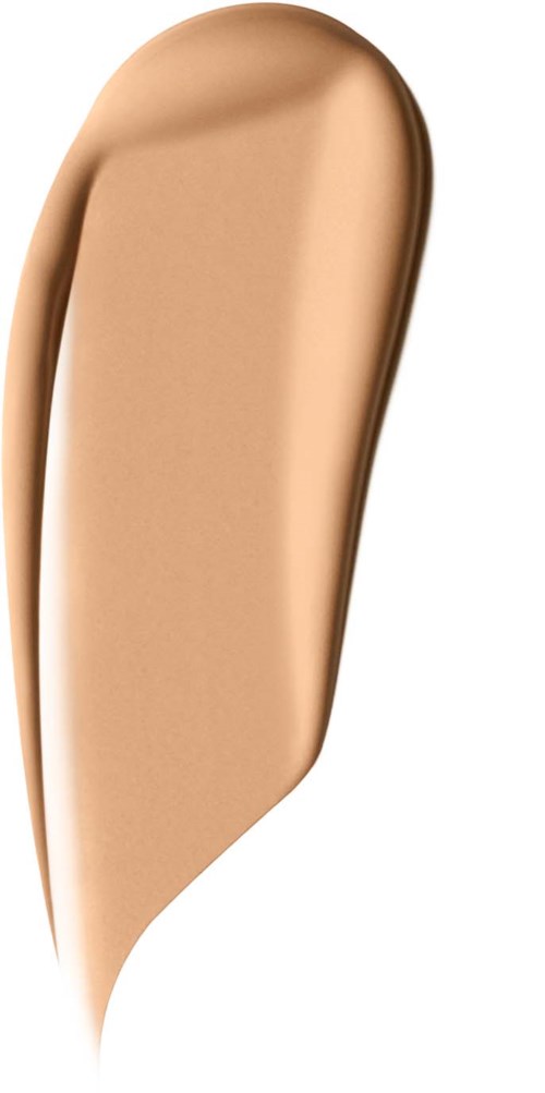 A beige liquid foundation with a smooth, tear-shaped blob on black background.