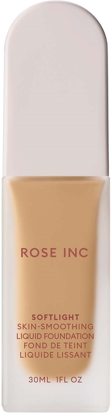 A bottle of liquid foundation labeled Rose Inc, soft light, for skin smoothing, 30ml.