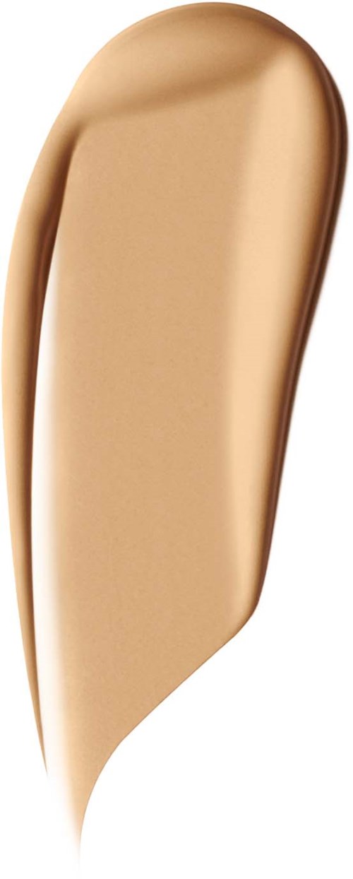 A beige, curved makeup sponge with a pointed tip and rounded base.