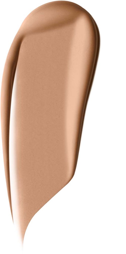 A beige makeup concealer smear with a curved shape on a white background.