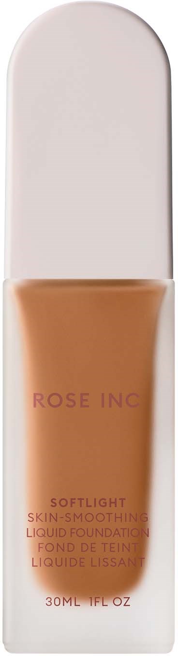 A liquid foundation in a transparent bottle with a white cap, labeled "Rose Inc." and words "Softlight" and "30ml."