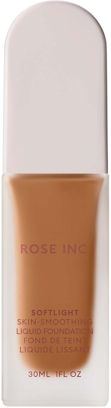 A foundation bottle with a white cap and beige liquid inside, labeled Rose Inc, 30ml.
