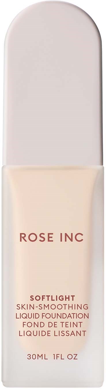 Eine weiße Flasche mit Rundkappe, beschriftet mit 'ROSE INC' und 'Softlight skin-smoothing liquid foundation'.