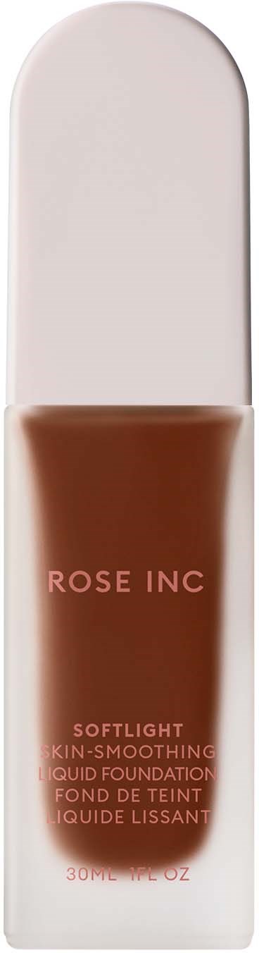 A tube of liquid foundation with a white cap, brown color, and the label 'ROSE INC' on it.