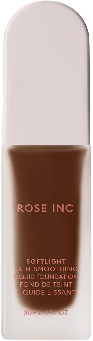 A makeup product labeled Rose Inc, soft-focus liquid foundation in a brown tube with a white cap.