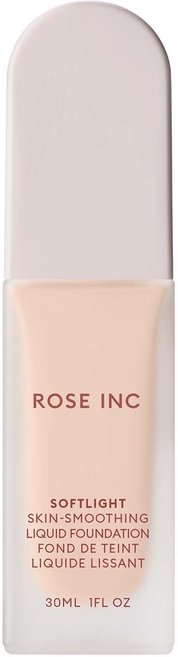 A bottle of liquid foundation with a light pink color, labeled 'ROSE INC' and 'SOFT LIGHT SKIN-SMOOTHING LIQUID FOUNDATION'.