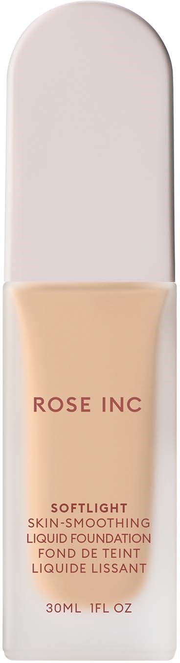 A bottle of soft light skin-smoothing liquid foundation with a cap, labeled 'ROSE INC' and 30ml size.