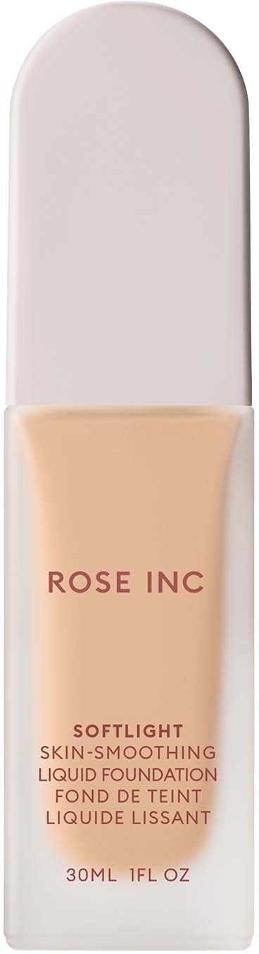 A tube of liquid foundation labeled 'Rose Inc Softlight Skin-Smoothing Liquid Foundation' with a white cap.
