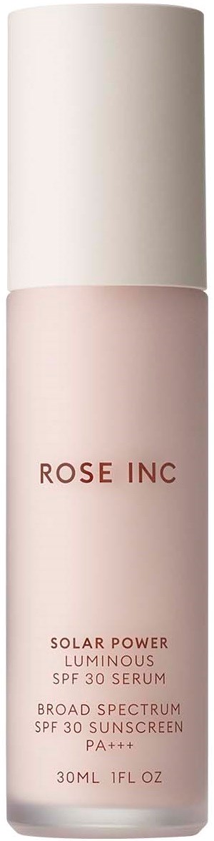 En rosa flaske med hvit hette merket 'Rose Inc' og SPF 30 serum for hudpleie.