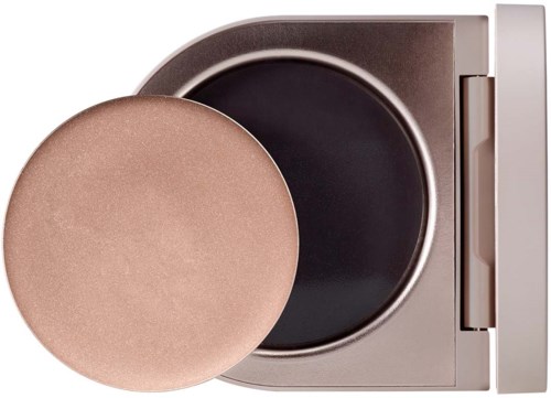 A makeup compact with a sponge applicator and open case showing powder inside.
