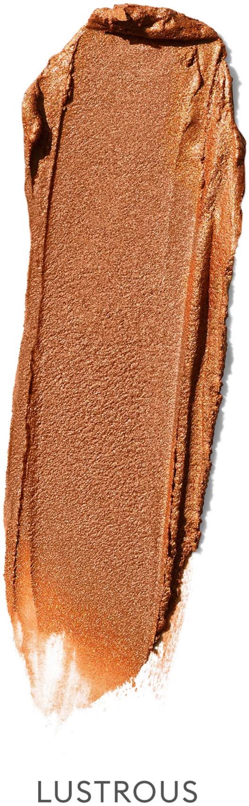 A metallic bronze eyeshadow swatch with shimmer, spread out with uneven edges, labeled 'Lustrous' at the bottom.