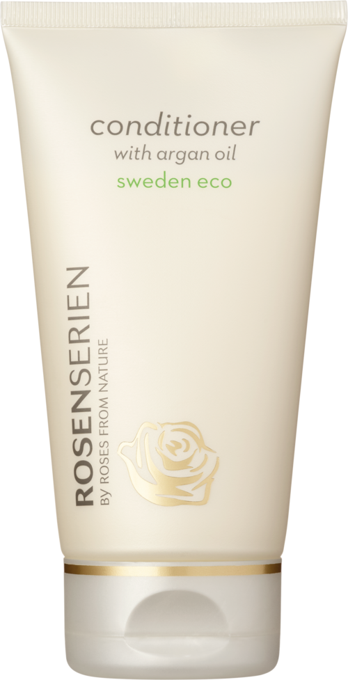 Eine weiße Tube mit Conditioner, goldenen und grünen Details, mit der Aufschrift "Rosesernserien" und "sweden eco," enthält Arganöl.