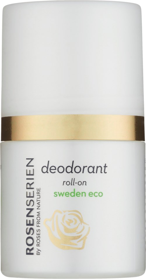 Ein weißer Roll-on-Deodorant mit goldenen und grünen Akzenten, Rosenabbildung und umweltfreundlichem sweden eco-Label.
