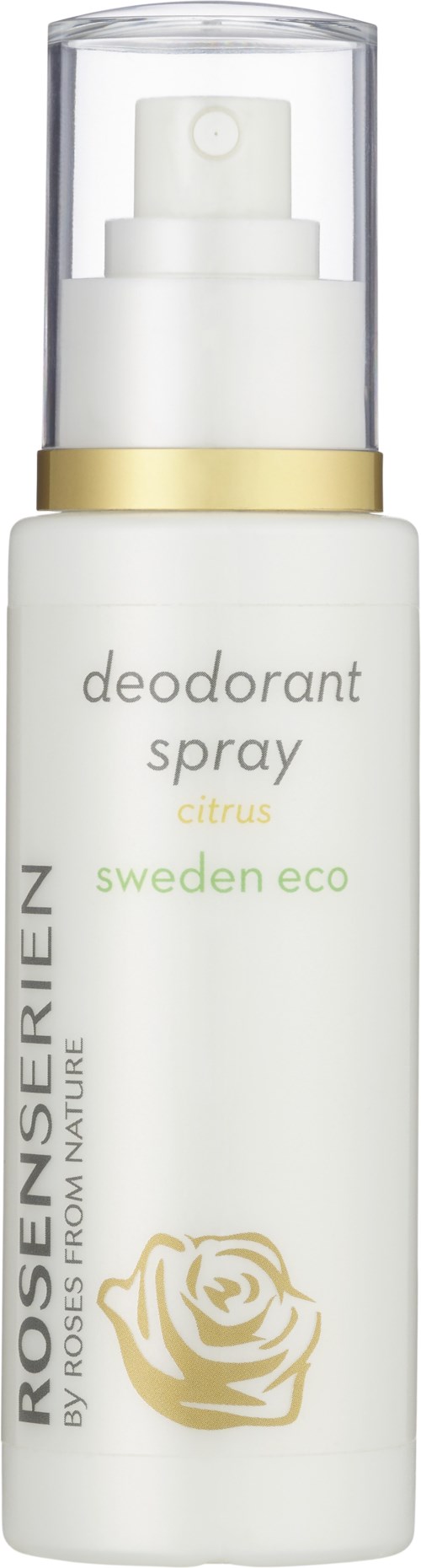 Eine weiße Sprühflasche mit 'deodorant spray', Zitrusduft und grüner 'sweden eco'-Schrift.