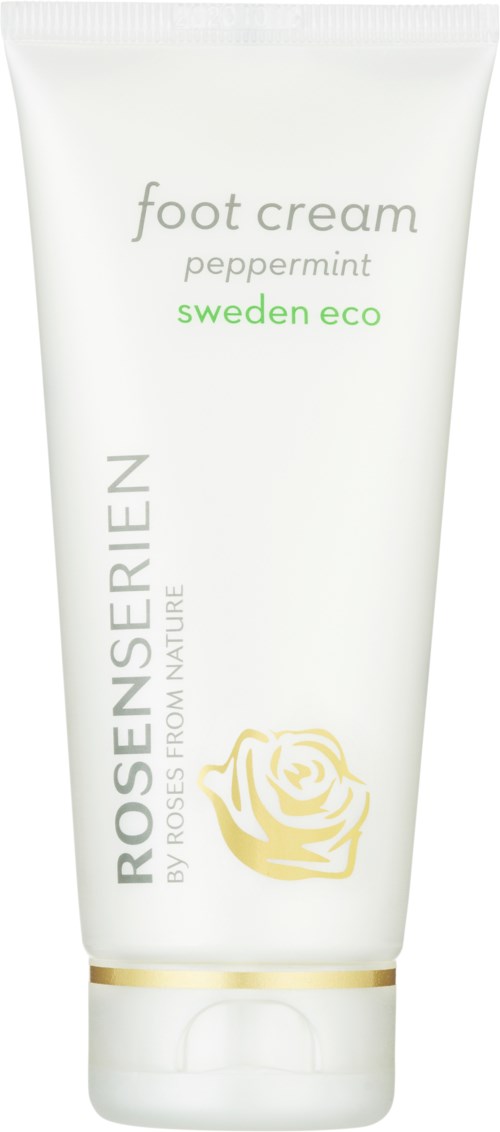 Fusssalbe in weißer Tube mit Pfefferminz und Sweden eco, gelbe Rose. Für Fußpflege.