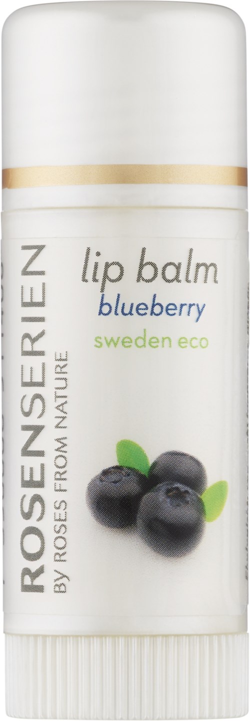 En vit tub med läppbalsam med blåbär och gröna blad. Den har texten "ROSENSERIEN" och "lip balm".