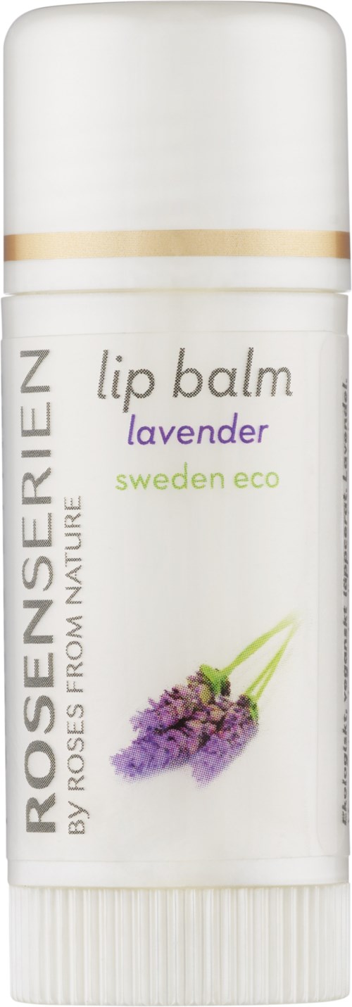 En vit läppbalsamtub med lavendelblommor, märkt 'Rosenserien', lavendeldoft, miljövänlig.