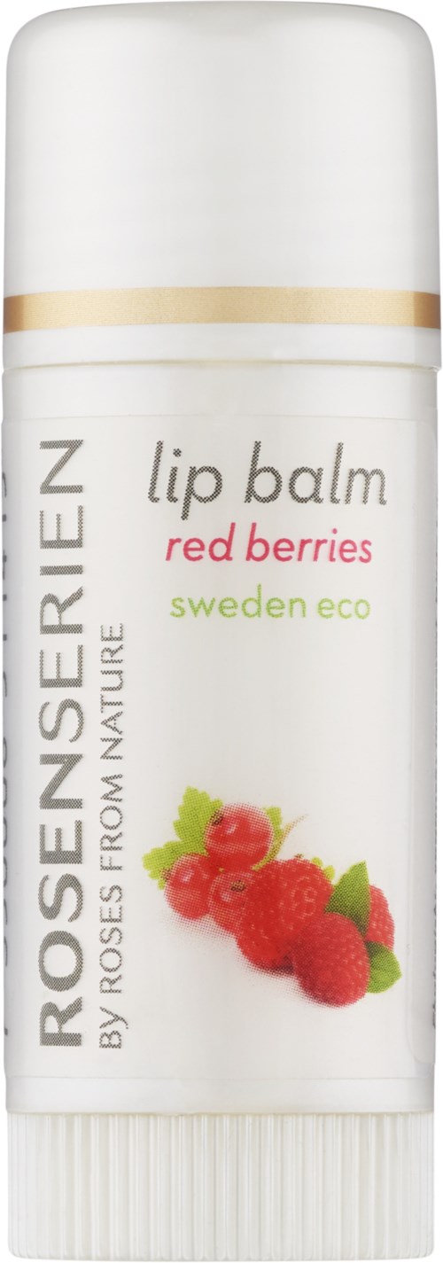 Ein weißer Lippenbalsamtube mit Abbildung roter Beeren und Text, zeigt, dass sie umweltfreundlich ist und rote Beeren enthält.