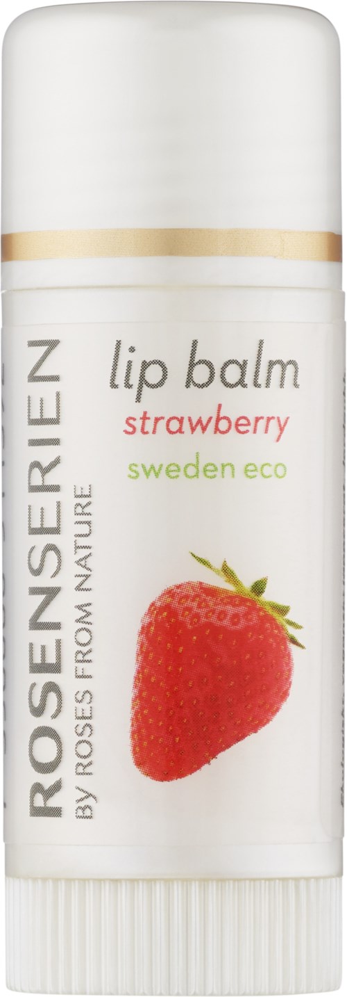 Lippenbalsambehälter mit Erdbeere, als natürlich und umweltfreundlich gekennzeichnet, aus Schweden.