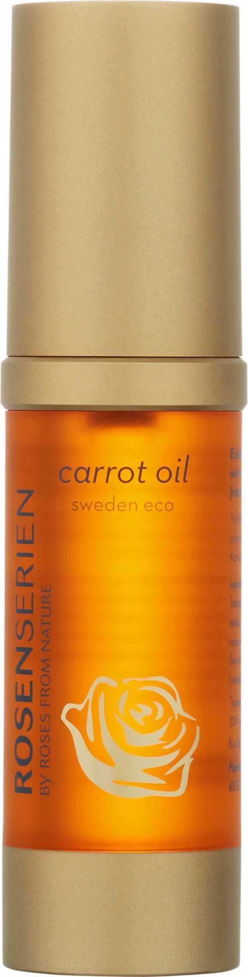 Eine orange Flasche mit Goldkappe, beschriftet mit 'carrot oil' und einer Rosenillustration. Schlichtes, elegantes Design.