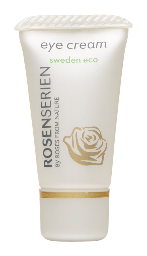 Eine weiße Tube mit Augenschutzcreme, Goldrosenlogo, beschriftet 'rosenseren by Rosenserien' und 'Sweden eco.'