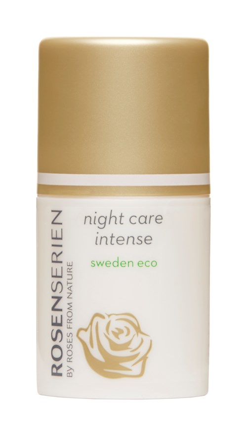 Kleine Flasche Nachtcreme 'Intense' von Rosense, mit beigem Deckel und weißem Körper, hat eine Rosenlogo.