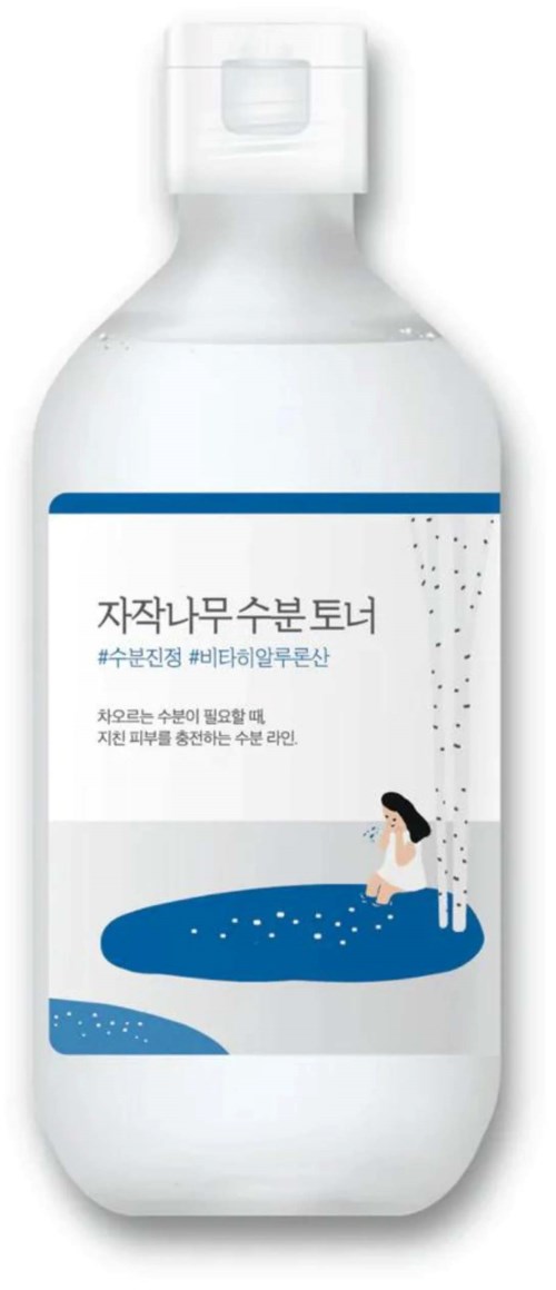 Flasche mit koreanischem Text, Illustration eines Mädchens, das in einem kleinen Pool badet.