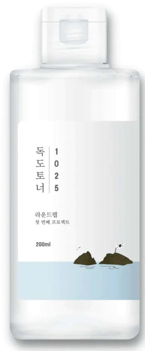 A transparent bottle with Korean text and a small illustration of rocks and water at the bottom.
