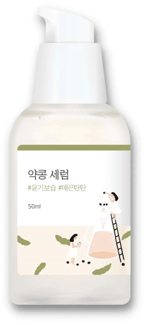 Eine kleine Flasche mit Pumpkopf hat koreanischen Text und niedliche Illustrationen von zwei Personen und einem großen Gegenstand.