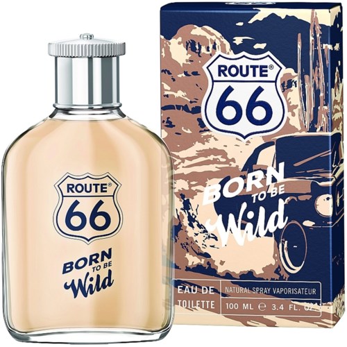 A perfume bottle and box with Route 66 branding. The box has a desert scene and a car. The bottle is cream-colored.