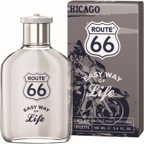 A perfume bottle and box with Route 66 logo, motorcycle rider, and 'Easy Way of Life' text on the packaging.