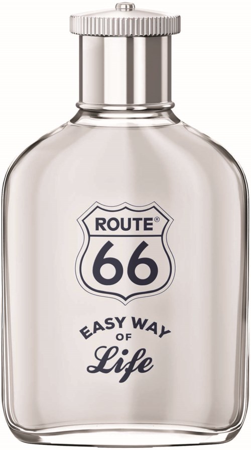 A clear bottle with a silver cap, labeled 'Route 66 Easy Way of Life' in black text.