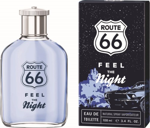 A perfume bottle and box with Route 66 Feel the Night fragrance, black and white design, and car and mountain image.