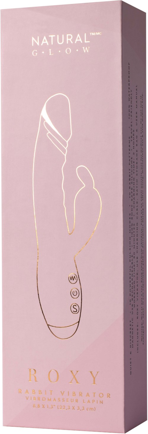 Eine pinke Verpackung mit einem einfachen Liniendiagramm eines Sexspielzeugs, beschriftet 'Natural Glow Roxy' für Erwachsene.