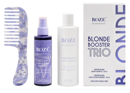 Ein Haarton-Set enthält eine lila Sprayflasche, eine weiße Flasche und eine Box mit der Aufschrift 'Blonde Booster Trio'.